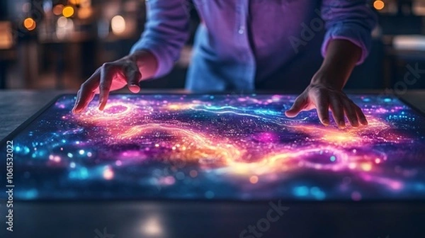 Fototapeta Hands operating a touchscreen with holographic DNA patterns and data visualization tools in a biotech setting with empty space for text