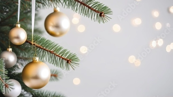 Fototapeta Christmas background with golden and white baubles hanging on green pine branches, soft warm lights in the background, festive and elegant holiday scene