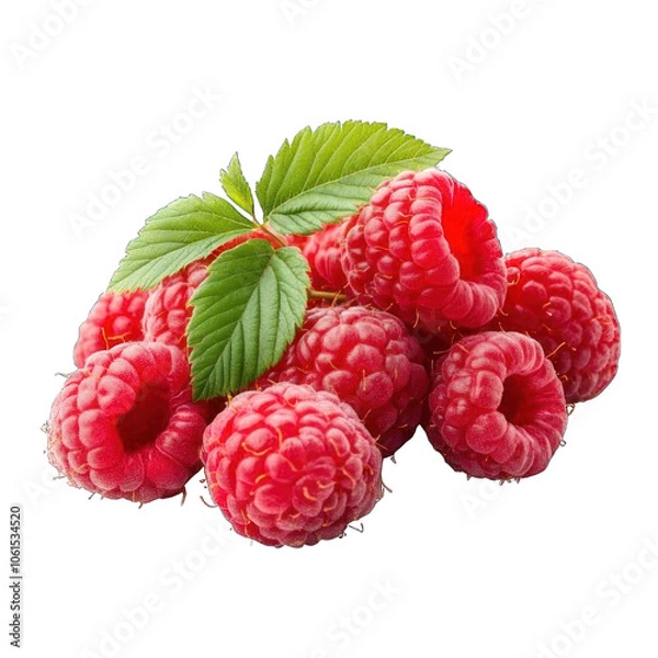Fototapeta Collection of PNG. A Cluster of Ripe Red Raspberries on a Branch with Green Leaves, isolated on a transparency background.