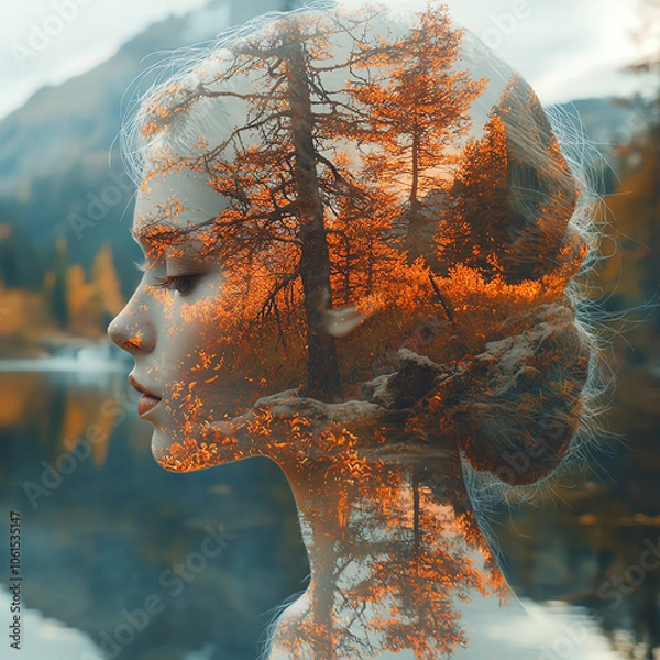 Fototapeta Autumn Fantasy Double Exposure Portrait with Forest and Leaves