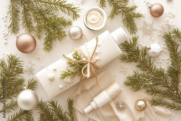 Fototapeta Minimalistic holiday skincare arrangement with evergreen branches, white and gold ornaments, and gift-wrapped beauty products, creating a fresh and serene winter aesthetic