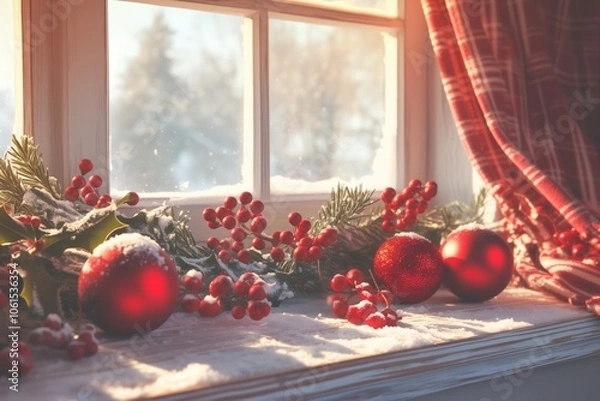 Fototapeta Christmas window decor with red baubles, frosted berries, and evergreen branches on a snowy windowsill, with soft natural light and plaid curtains creating a cozy winter atmosphere