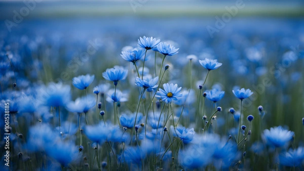Fototapeta A field of blue flowers with a blue sky in the background