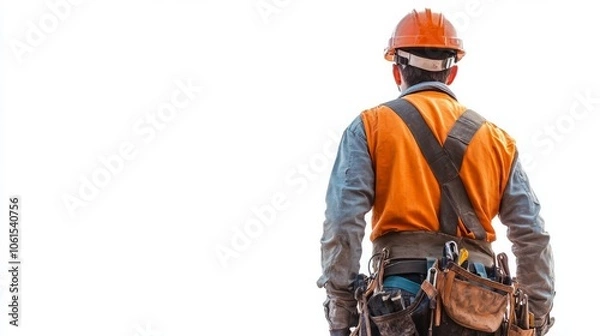 Fototapeta Full length back shot of a construction worker with a helmet isolated on white background
