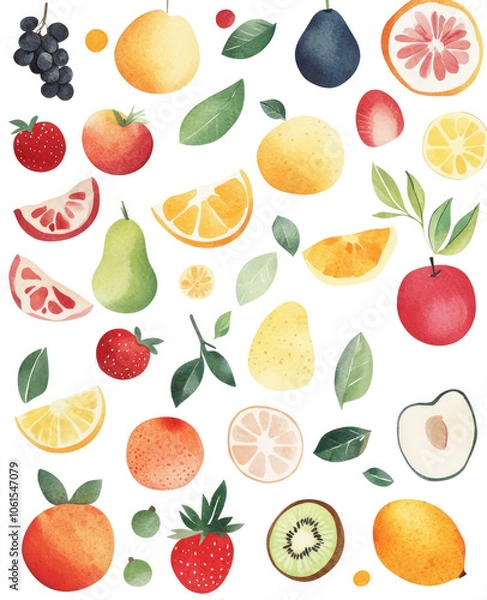 Fototapeta watercolor fruit illustrations collection of whole and sliced fruits
