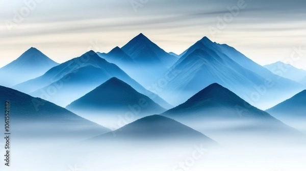 Fototapeta Majestic blue mountains rise above a sea of mist, creating a serene and ethereal landscape, AI