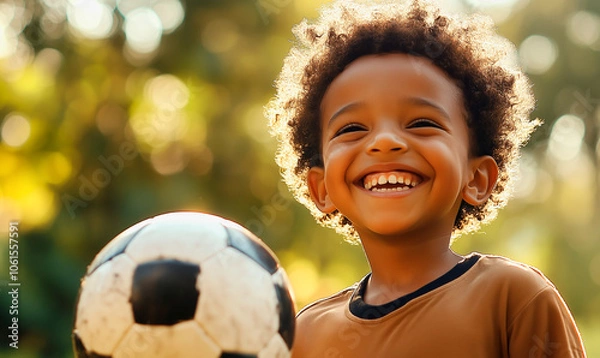 Obraz Happy kid with a football ball, soccer game, generated ai
