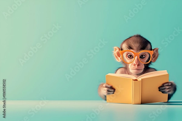 Fototapeta A series of cute photographs featuring a baby monkey engaged in various activities, such as reading, writing, and playing chess, each against a simple indoor background.