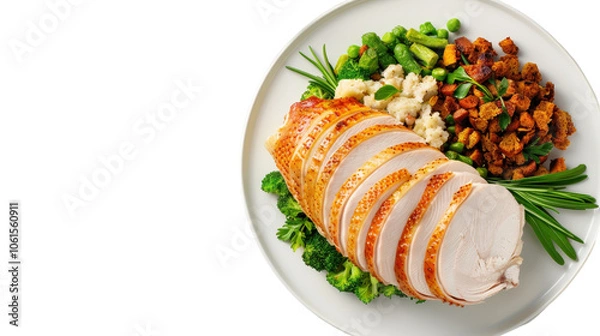 Fototapeta Sliced turkey breast with vegetables and stuffing on white plate.