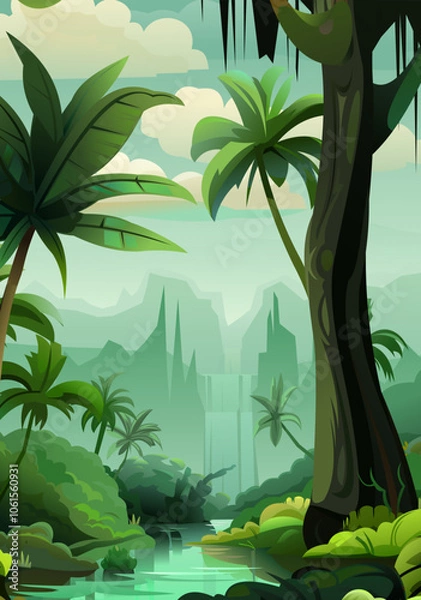 Fototapeta Creek. Jungle forest. Palm trees and tropical plants. Southern thicket. Nature view. Beautiful funny cartoon style. Fun scenario. Vector