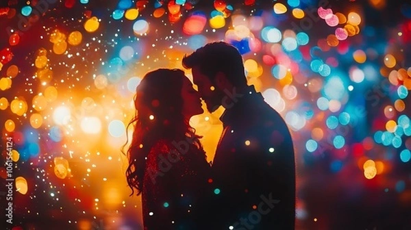 Fototapeta Couple embraces under colorful lights