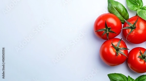 Fototapeta Bunch of ripe red tomatoes are on a white background. tomatoes are surrounded by green leaves, which add a pop of color. arrangement of tomatoes and leaves creates a sense of freshness and abundance