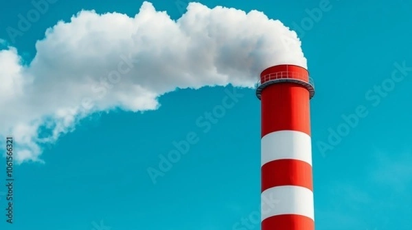 Obraz Red and white smokestack emitting clouds against a clear blue sky.