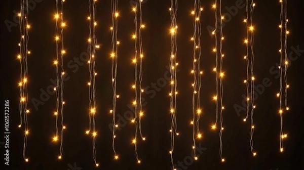 Fototapeta Sparkling led yellow lights running vertically. A curtain of Christmas fairy lights. Fairy light strips