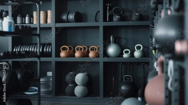 Fototapeta Neatly organized gym equipment on shelves, featuring kettlebells, free weights, and medicine balls, creating an inviting workout atmosphere.
