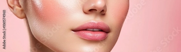 Fototapeta Close-up of a woman's lips and cheeks with a soft, glowing finish against a pink background.