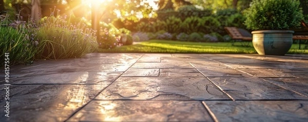 Fototapeta Sunlight reflecting on a beautifully stamped concrete patio, creating a serene backyard atmosphere. Free copy space for text.