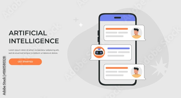 Fototapeta Communication with AI chat bot and FAQ concept, big smartphone and speech bubbles, dialog between Artificial Intelligence and human customer. Flat vector illustration for landing page, web site banner