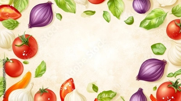 Fototapeta A frame of fresh vegetables, tomatoes, onions, garlic, and basil leaves, on a white background with copy space.