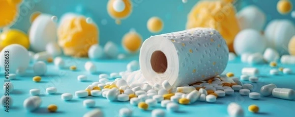 Fototapeta Conceptual image of toilet paper and pills, symbolizing treatment and healthcare essentials.