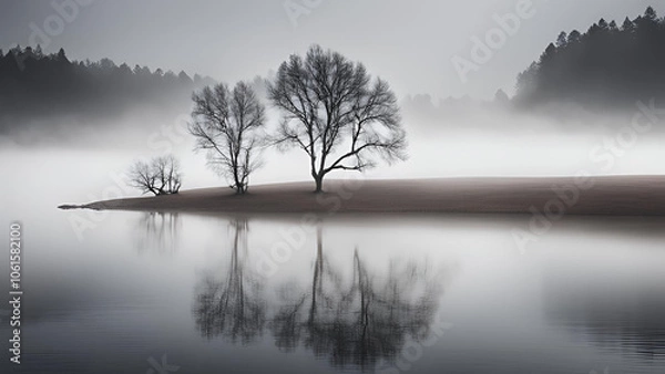 Obraz Serene Reflections: Three bare trees stand silhouetted against a misty, ethereal landscape, their reflections mirroring the tranquil beauty of the scene. The soft.