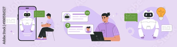 Obraz AI chat bot helps people to brainstorm and find solutions and answers set, customers using virtual help for business, human assistant generate ideas set. Flat vector illustration, isolated background