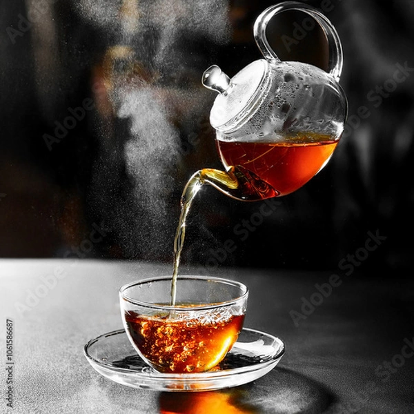 Obraz 空中に浮いたティーポットからティーカップへ紅茶を注ぐ瞬間　幻想的なティータイムのイメージ