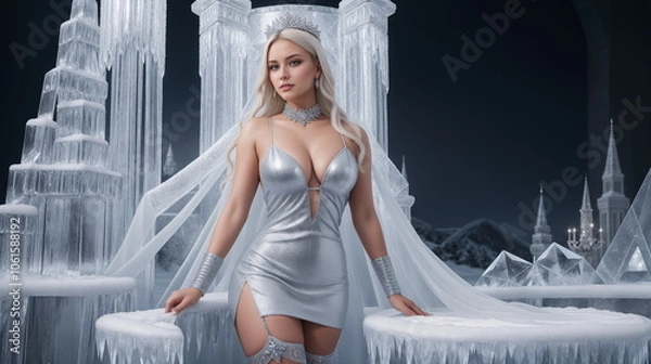 Fototapeta A curvy woman in a sparkling outfit stands gracefully in a winter-themed castle surrounded by intricate crystal decorations, showcasing a stunning evening atmosphere filled with enchantment.