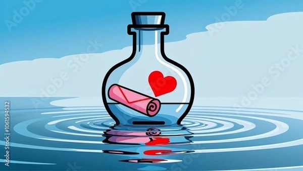 Obraz Message in a bottle with heart icon floating on water, cartoon style