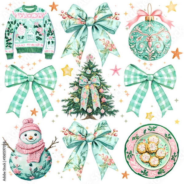 Fototapeta Mint Chinoiserie Christmas Elements Collection, A unique mint and pink Christmas set featuring bows, a decorated tree, sweater, snowman, and cookies. Perfect for festive designs.

