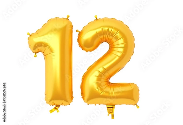Fototapeta Number 12 made of golden inflatable balloon isolated on transparent background Helium balloons font