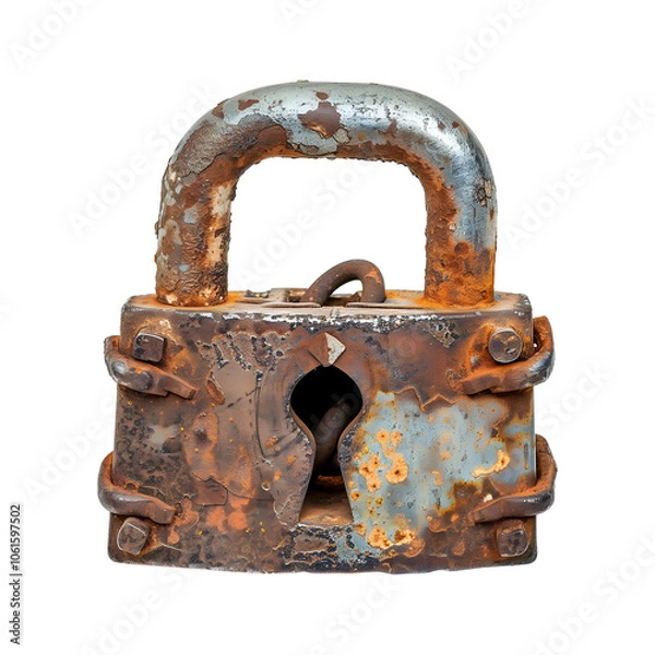 Fototapeta Ancient and rusty padlock isolated on transparent background. 