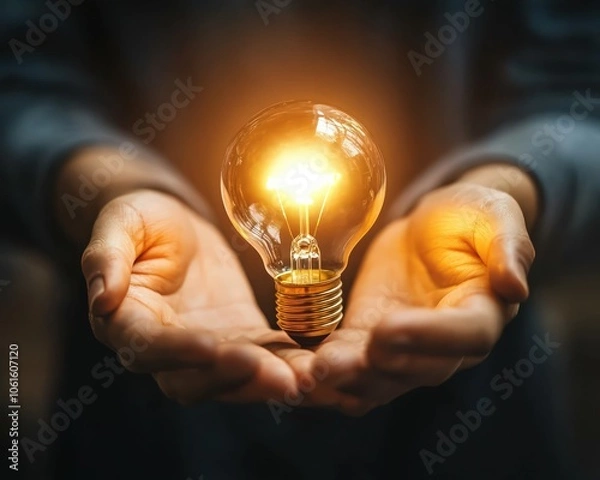 Fototapeta Hands holding a glowing light bulb, symbolizing innovation in tech