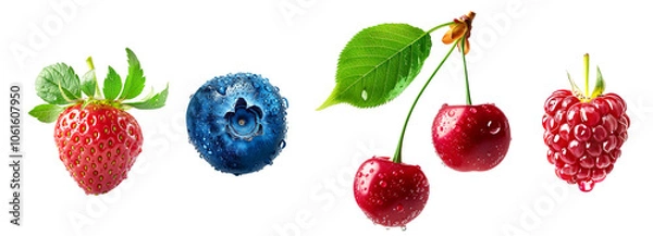 Fototapeta Set of strawberry, blueberries, raspberry and cherry with green leaves isolated on a white transparent background.