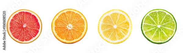 Fototapeta Citrus fruit wheel slices of grapefruit, orange, lemon, lime PNG set, cutout isolated on transparent background. Fresh drink garnish decoration graphic resource