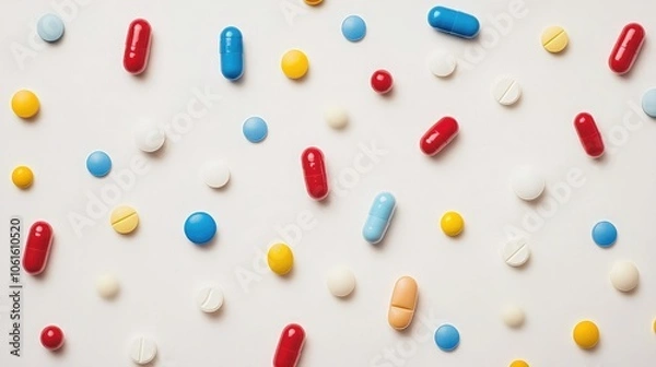 Fototapeta A scattering of colorful pills and capsules on a white background.