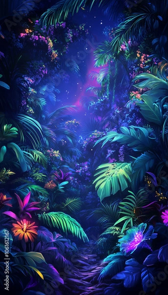 Fototapeta Phone wallpaper of a mysterious jungle scene at night, illuminated by neon purple, green, and blue lights casting a surreal glow on lush tropical leaves and exotic flowers