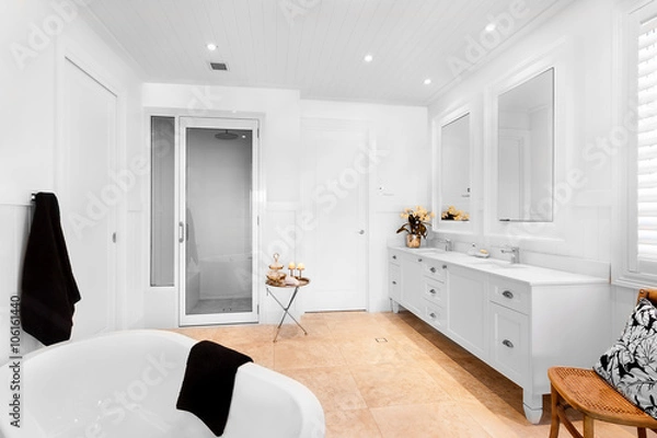 Fototapeta Bathroom of luxury house having empty bath tub