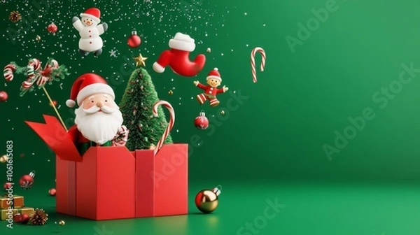 Fototapeta  Festive Christmas Scene with Floating Decorations in Open Gift Box on Vibrant Green Background