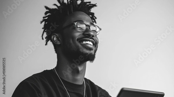 Fototapeta A young Black man with dreadlocks smiles broadly while looking up at something off camera. He's wearing glasses and has a beard.