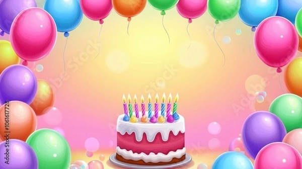 Obraz birthday party balloons, colourful balloons background and birthday cake created by ai