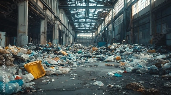 Fototapeta Many piles of dirt, A wide angle photograph of an industrial building many piles of dirt