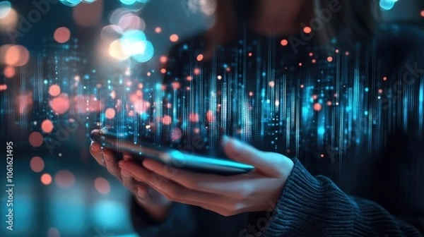 Fototapeta A woman's hands hold a phone, illuminated by a digital data stream of blue lines and red dots. The phone screen is not visible.