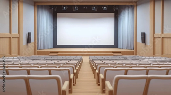 Fototapeta modern Scandinavian minimalist theater featuring light wood panels and spacious seating, creating welcoming atmosphere for audiences