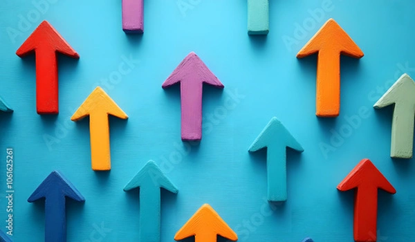 Fototapeta Colorful arrows pointing in different directions on a blue background, symbolizing market growth and technological innovation for a business  