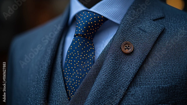 Fototapeta Elegant charcoal grey suit fabric with stylish polka dot tie, showcasing fine details and textures. Perfect for formal occasions and professional settings