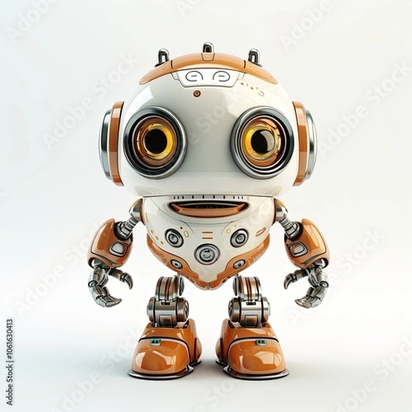 Fototapeta Orange and white cartoon-style robot with expressive eyes on white background. Studio 3D rendering.