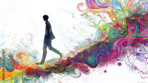 Fototapeta A person walks along a vibrant path of swirling colors and patterns, blending reality and imagination in a creative exploration