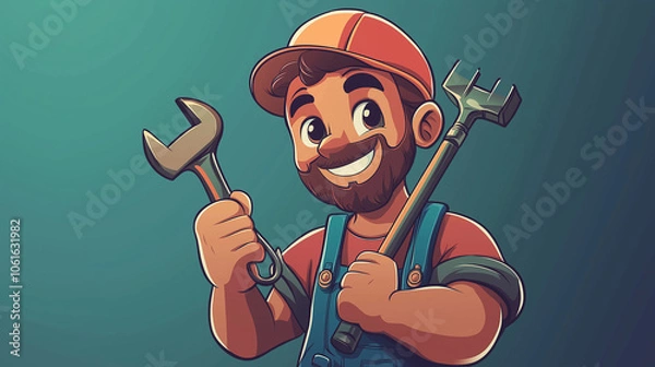 Fototapeta Cheerful mechanic holding tools in a cartoon style, showcasing craftsmanship and readiness for repair work in a playful setting