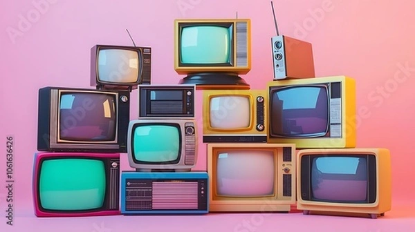 Fototapeta Stack of retro televisions each displaying